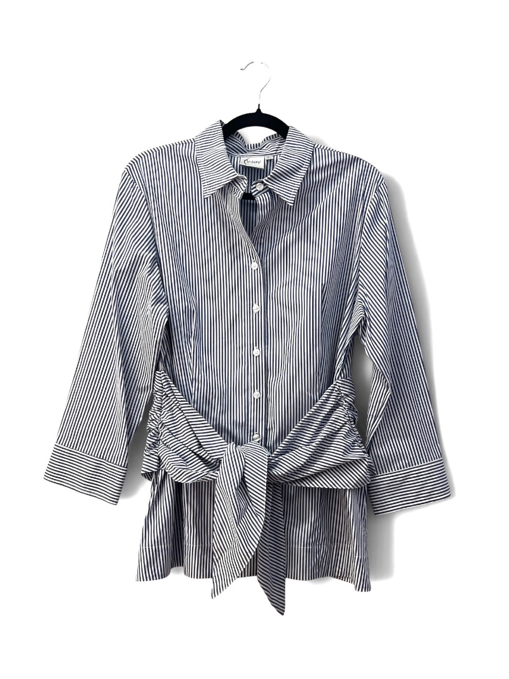 NWOT Finley Blue & White Striped Tie-Waist Stretch Poplin Button Down Shirt L